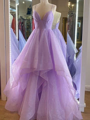 Rustic Wedding Dress, V Neck Purple Tulle Long Prom Dresses, Purple High Low Formal Evening Dresses