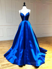 Party Dresses With Sleeves, V Neck Royal Blue Backless Prom Dresses, Royal Blue Backless Formal Graduation Evening Dresses
