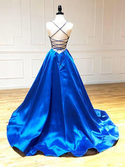 Party Dress Fall, V Neck Royal Blue Backless Prom Dresses, Royal Blue Backless Formal Graduation Evening Dresses