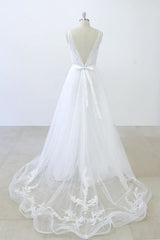 Wedding Dress Pricing, V-neck Ruffle Applqiues Tulle A-line Wedding Dress