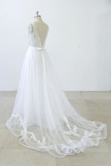 Wedding Dress Stores Near Me, V-neck Ruffle Applqiues Tulle A-line Wedding Dress