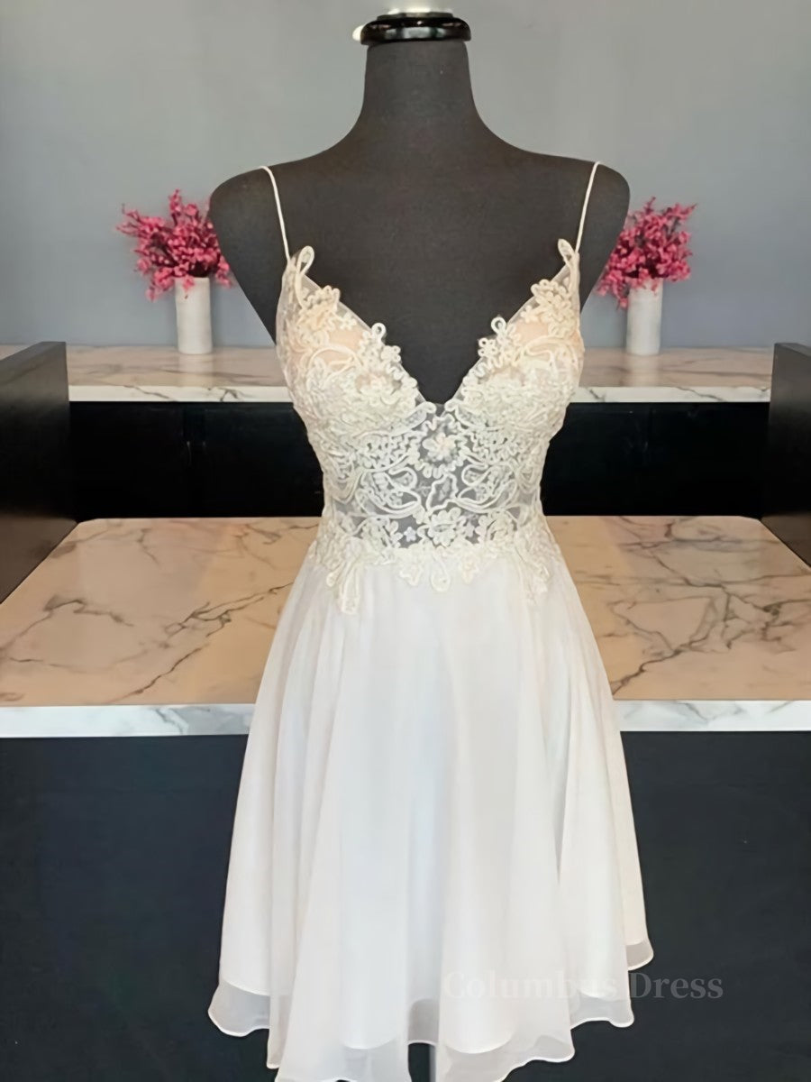 Beach Wedding Dress, V Neck Short Lace Prom Dresses, Cute Short V Neck Lace Formal Homecoming Dresses