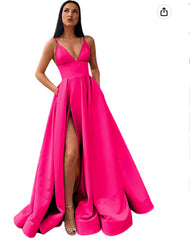 Chiffon Dress, V-Neck Slit Satin Long Prom Dress Spaghetti Strap Evening Ball Gown with Pockets
