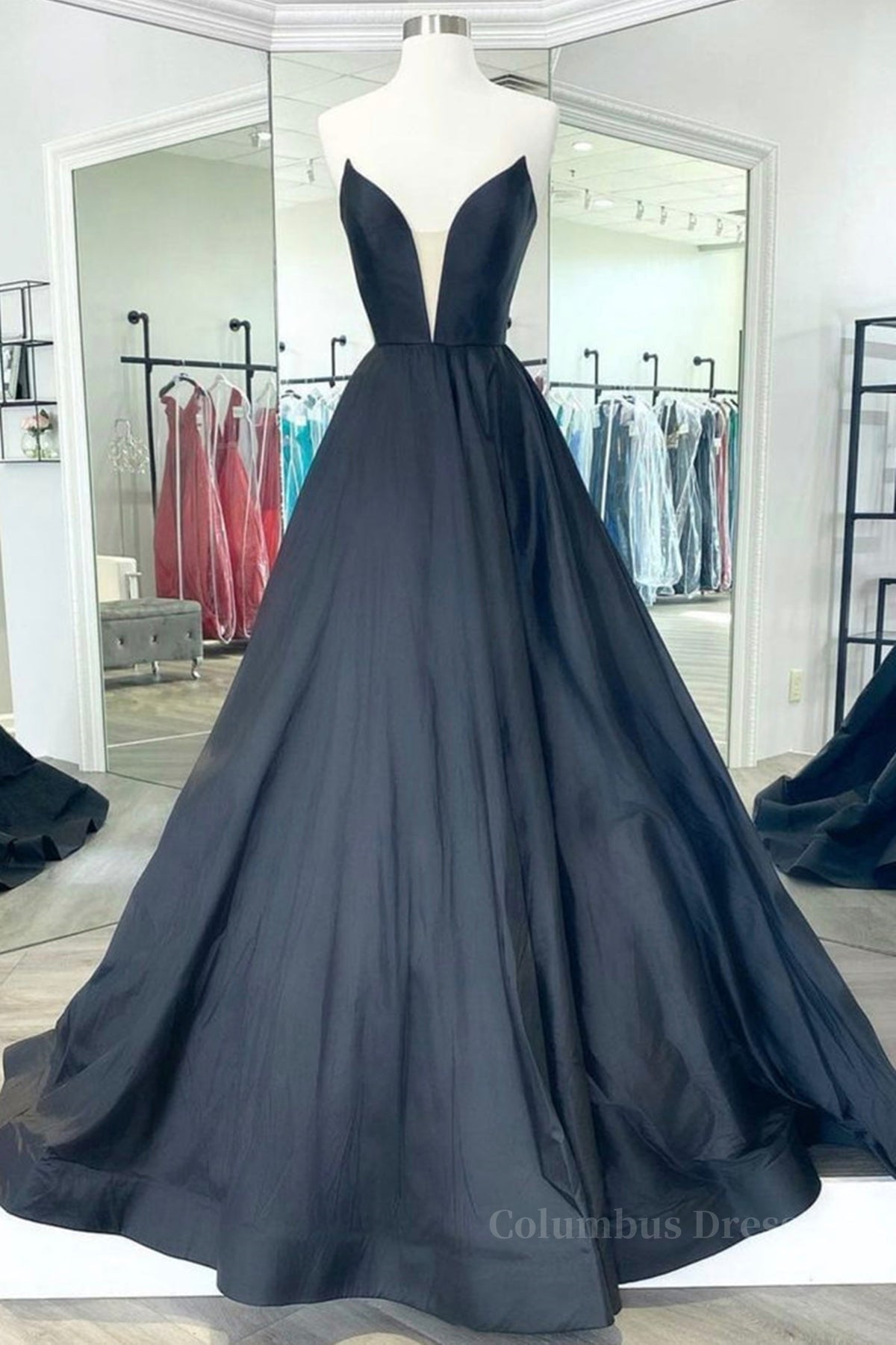 Formal Dress Party Wear, V Neck Strapless Black Satin Long Prom Dresses, Strapless Black Formal Dresses, Long Black Evening Dresses