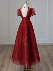 Formal Dresses Long Elegant Classy, V Neck Tulle Sequin Tea Length Burgundy Prom Dress, Burgundy Evening Dress