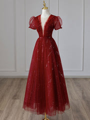 Formal Dress With Sleeves, V Neck Tulle Sequin Tea Length Burgundy Prom Dress, Burgundy Evening Dress