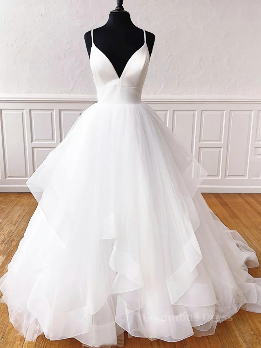 Wedding Dress Princess, V Neck White Tulle Wedding Dresses, V Neck White Formal Prom Evening Dresses