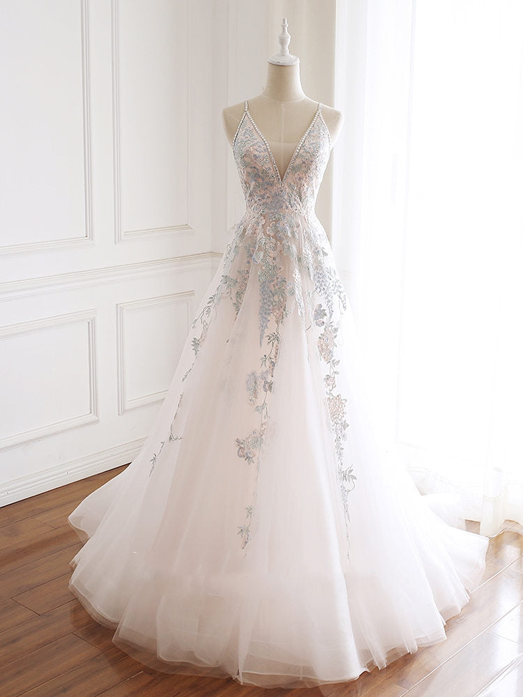 Wedding, V-neckline Lace Applique Floor Length Party Dress, Charming White Floral Prom Dress