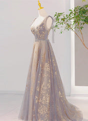 Formal Dresses Websites, V-neckline Lace-up Champagne and Grey Long Formal Dress, Tulle Prom Dress