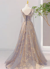 Formal Dress Store Near Me, V-neckline Lace-up Champagne and Grey Long Formal Dress, Tulle Prom Dress