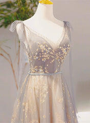 Formal Dress Stores Near Me, V-neckline Lace-up Champagne and Grey Long Formal Dress, Tulle Prom Dress