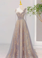 Formal Dresses Website, V-neckline Lace-up Champagne and Grey Long Formal Dress, Tulle Prom Dress