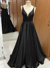 Prom Dressed Blue, V-neck line Black Long Satin A-line Prom Dresses, V Neck Black Formal Dresses Party Dresses