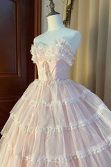 Bridesmaid Dress Website, Pink Strapless Layers Tulle Long Party Dress, Glam Prom Dress Formal Gown