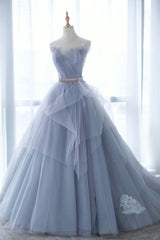 Party Dresses Size 38, Blue Tulle Lace Long Prom Dress, A-Line Strapless Evening Gown