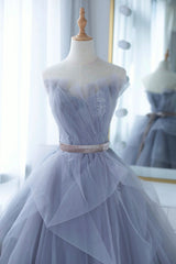 Party Dress Lace, Blue Tulle Lace Long Prom Dress, A-Line Strapless Evening Gown