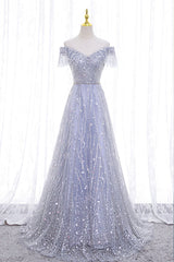 Red Carpet Dress, A-Line Tulle Sequins Long Prom Dress, Off the Shoulder Evening Party Dress