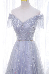 Sweet 36 Dress, A-Line Tulle Sequins Long Prom Dress, Off the Shoulder Evening Party Dress