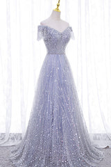 Light Blue Prom Dress, A-Line Tulle Sequins Long Prom Dress, Off the Shoulder Evening Party Dress