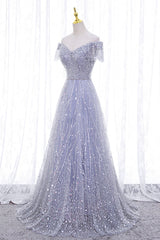 Fairytale Dress, A-Line Tulle Sequins Long Prom Dress, Off the Shoulder Evening Party Dress