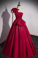 Formal Dress For Woman, Burgundy Satin Long Prom Dress, One Shoulder Evening Dress with Bow