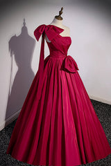 Formal Dresses Long Sleeve, Burgundy Satin Long Prom Dress, One Shoulder Evening Dress with Bow