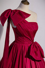 Formal Dresses Black, Burgundy Satin Long Prom Dress, One Shoulder Evening Dress with Bow