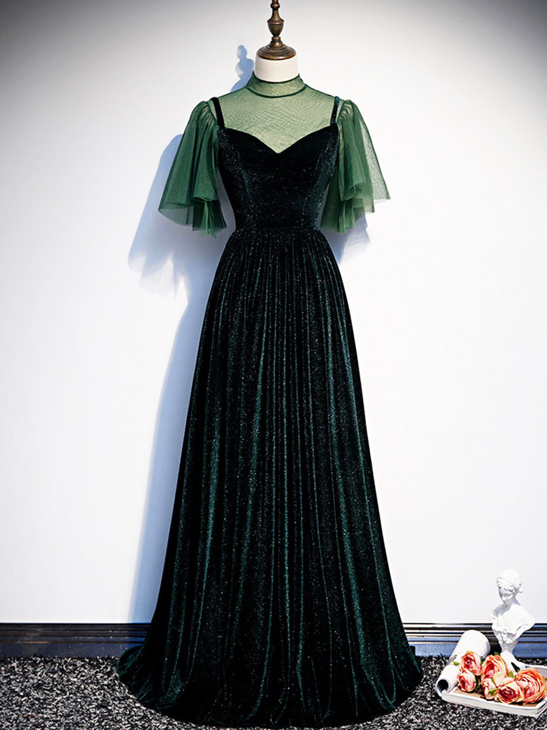 Prom Dress Corset Ball Gown, Green Velvet Long Prom Dress, Elegant A-Line Green Evening Dress