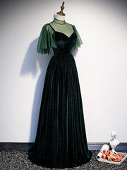 Prom Dress Styling Hair, Green Velvet Long Prom Dress, Elegant A-Line Green Evening Dress