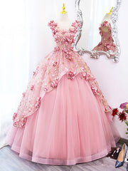 Bridesmaids Dresses Red, Pink Tulle Long Prom Dress with Flowers, Beautiful A-Line Sweet 16 Dress