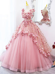 Wedding, Pink Tulle Long Prom Dress with Flowers, Beautiful A-Line Sweet 16 Dress