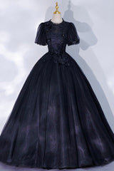 Bridesmaid Dresses Designer, Black Tulle Lace Long A-Line Prom Dress, A-Line Short Sleeve Evening Gown