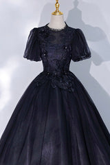 Bridesmaid Dress Designs, Black Tulle Lace Long A-Line Prom Dress, A-Line Short Sleeve Evening Gown