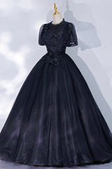 Bridesmaid Dress Designer, Black Tulle Lace Long A-Line Prom Dress, A-Line Short Sleeve Evening Gown