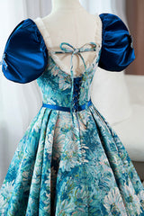 Bridesmaid, Blue Printed Long A-Line Prom Dress, Elegant Short Sleeve Formal Dress