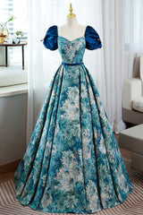 Blue Bridesmaid Dress, Blue Printed Long A-Line Prom Dress, Elegant Short Sleeve Formal Dress