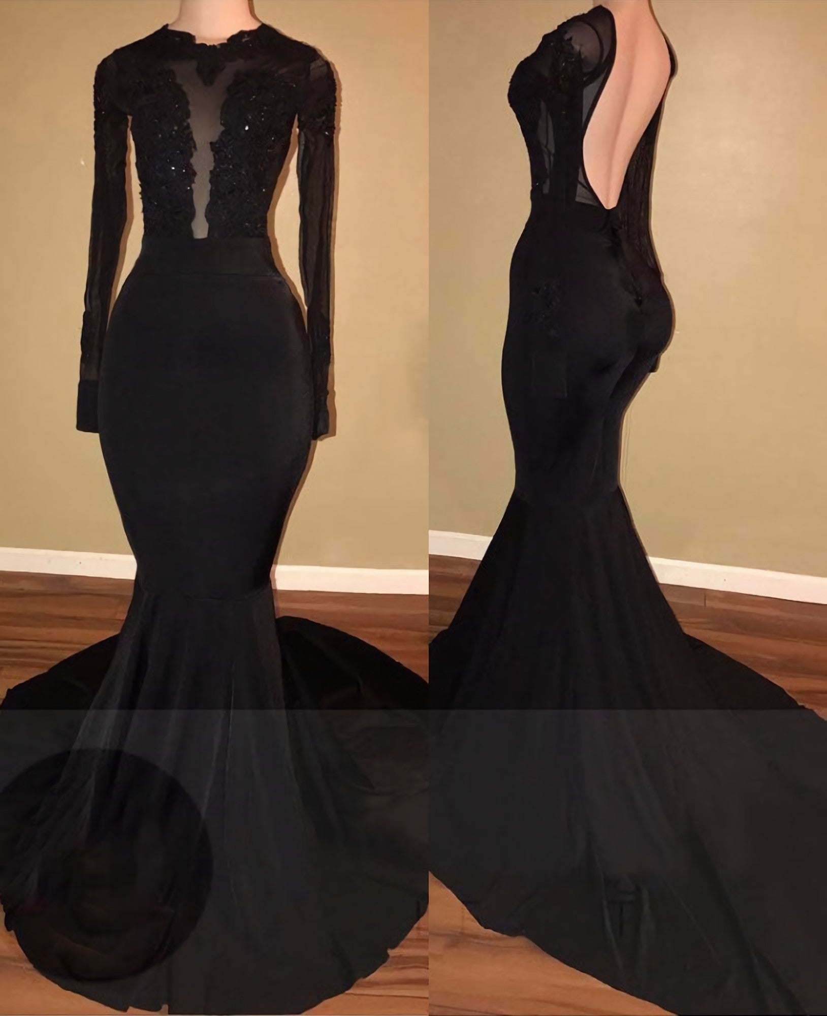Formal Dresses Graduation, 2024 Unique Black Long Sleeves Mermaid Backless Prom Dresses