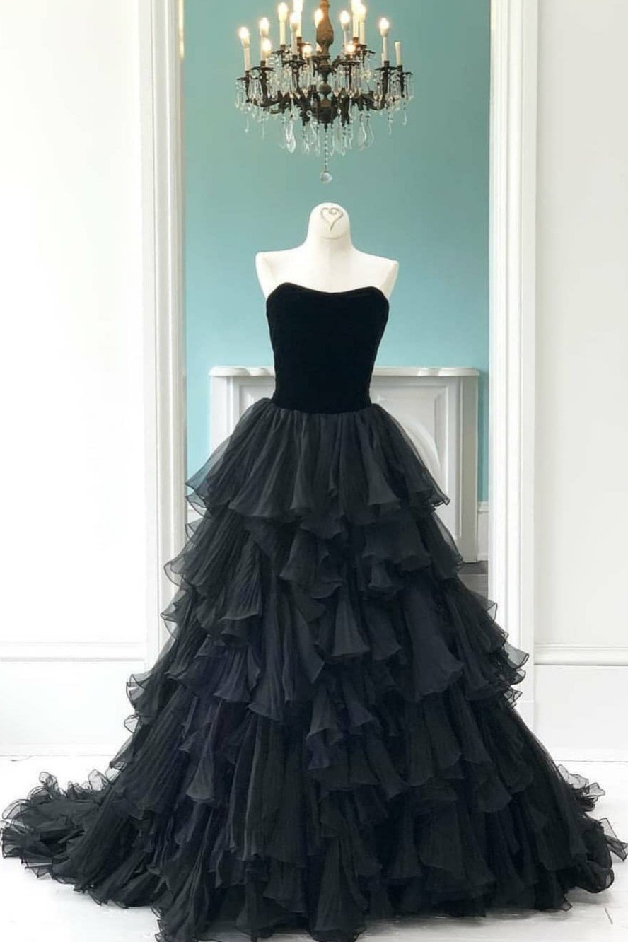 Bridesmaid Dresses Long, Velvet Strapless Black Prom Gowns with Pleated Tiered Skirt,Prom Dress