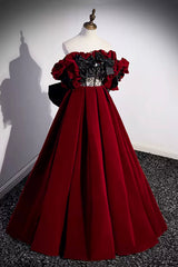 Women Dress, Burgundy Velvet Long Prom Dress, Off the Shoulder A-Line Evening Dress