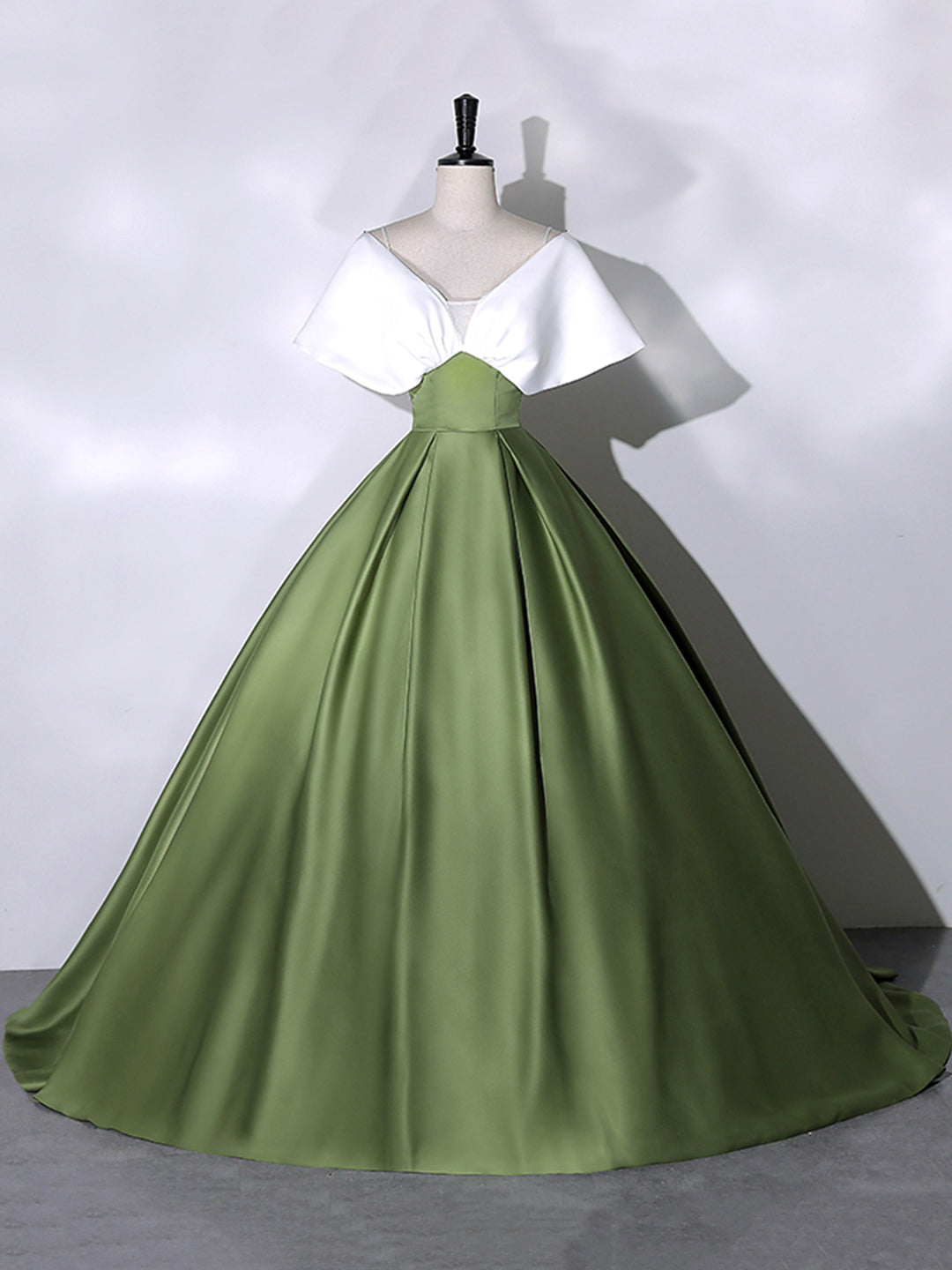 Party Dress Long Sleeve Maxi, White+Green Satin Floor Length Prom Dress, V-Neck Off the Shoulder Evening Dress