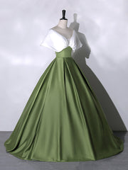 Party Dresses For 34 Year Olds, White+Green Satin Floor Length Prom Dress, V-Neck Off the Shoulder Evening Dress