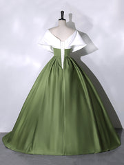 Prom Dress 2045, White+Green Satin Floor Length Prom Dress, V-Neck Off the Shoulder Evening Dress