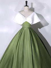 Party Dresses Jumpsuits, White+Green Satin Floor Length Prom Dress, V-Neck Off the Shoulder Evening Dress