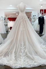 Wedding Dress Petite, Vintage Long A-line Jewel Tulle Ruffles Wedding Dress with Lace Appliques