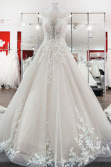 Wedding Dress For Fall Wedding, Vintage Long A-line Jewel Tulle Ruffles Wedding Dress with Lace Appliques
