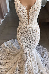 Wedding Dresses With Straps, Vintage Long Mermaid V-neck Lace Backless Wedding Dresses