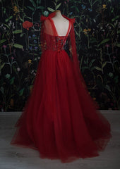 Prom Dresses Burgundy, Vintage Red Tulle Prom Dress,Women Evening Gowns with Flowers