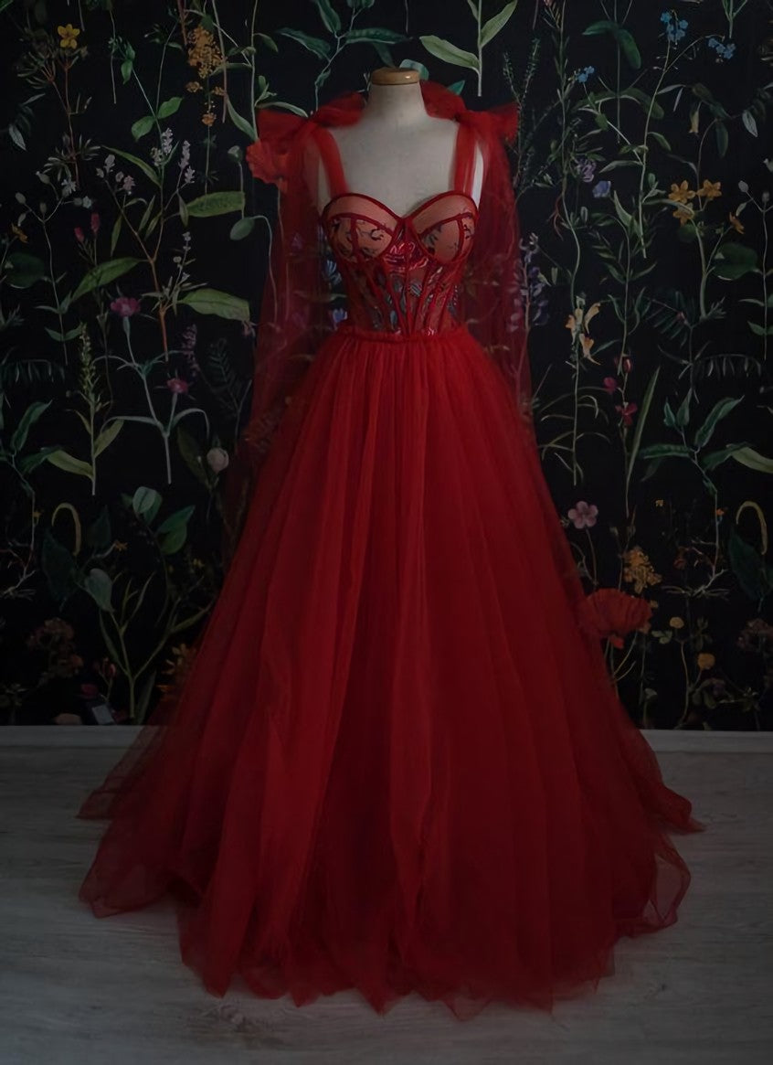 Prom Dress Burgundy, Vintage Red Tulle Prom Dress,Women Evening Gowns with Flowers