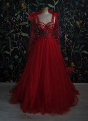 Prom Dress Burgundy, Vintage Red Tulle Prom Dress,Women Evening Gowns with Flowers