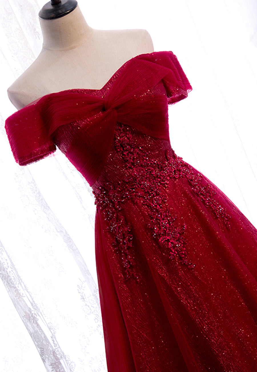 Long Dress Formal, Burgundy Lace Long Prom Dresses, A-Line Off the Shoulder Evening Dresses